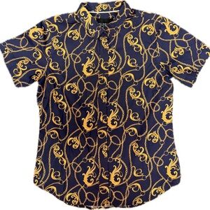 Wildfang Essential Short Sleeve Button Up Shirt Unisex XS Black and Gold Chain